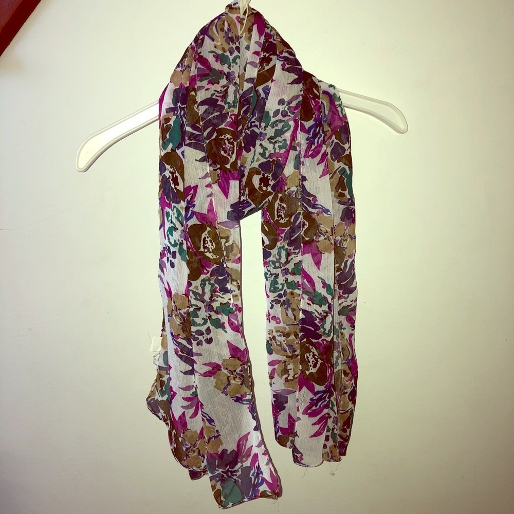 Floral Print Sheer Purple, Blue, Brown, Teal, White Scarf Charming Charlie 2010s